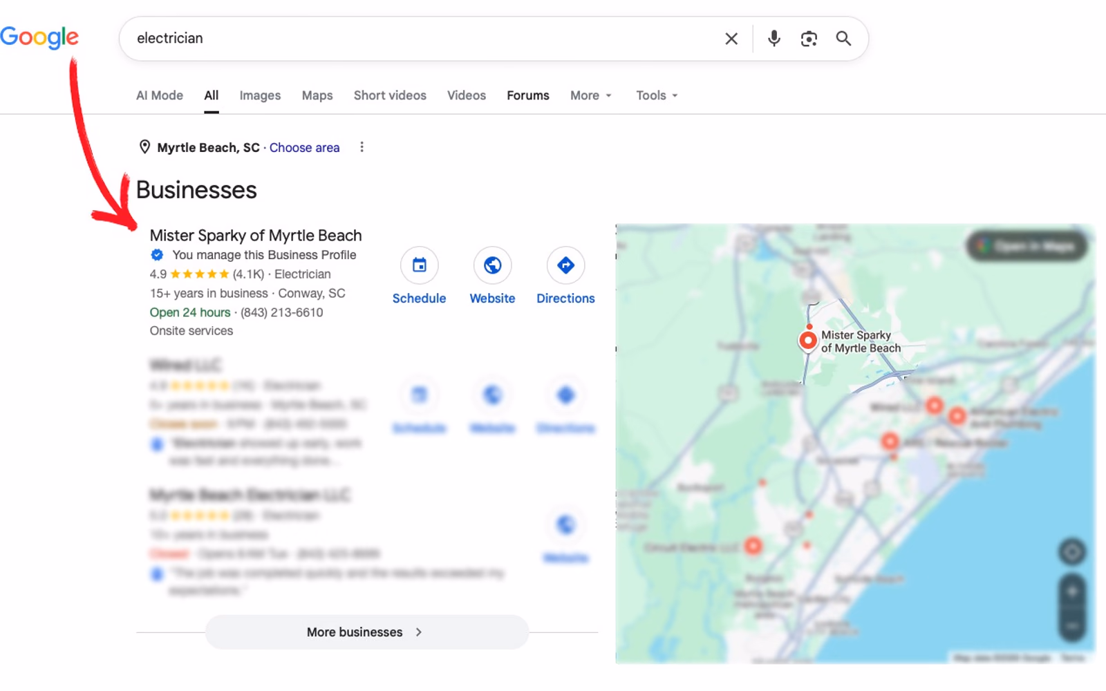 A Google search for electrician in Myrtle Beach: a client sits first in the business results with 4.9 stars from 4,100 reviews, open 24 hours, pinned on the map beside it.