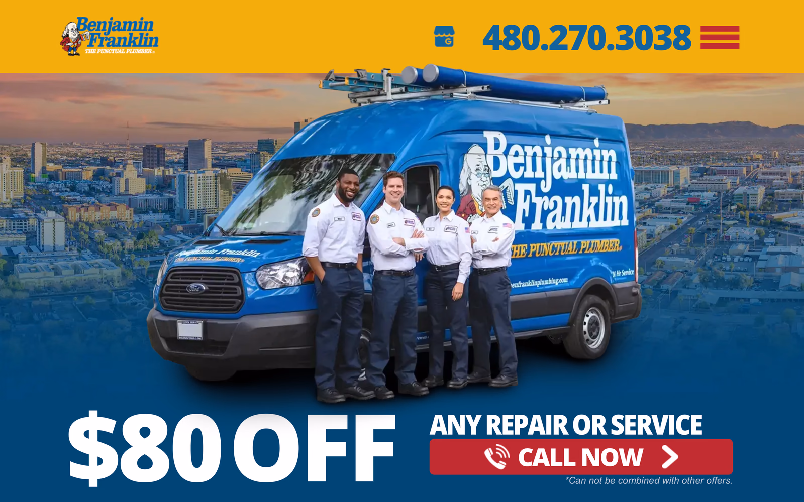 A plumbing homepage we built, open on its offer band: the phone number across the header, and $80 off any repair or service above a Call now button.