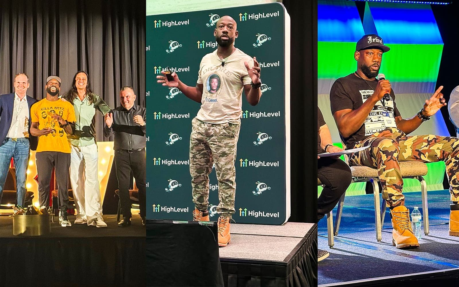 Three photographs of Chris Gray at HighLevel events: on stage alongside three others, presenting alone in front of the sponsor wall, and answering into a microphone from a panel seat.