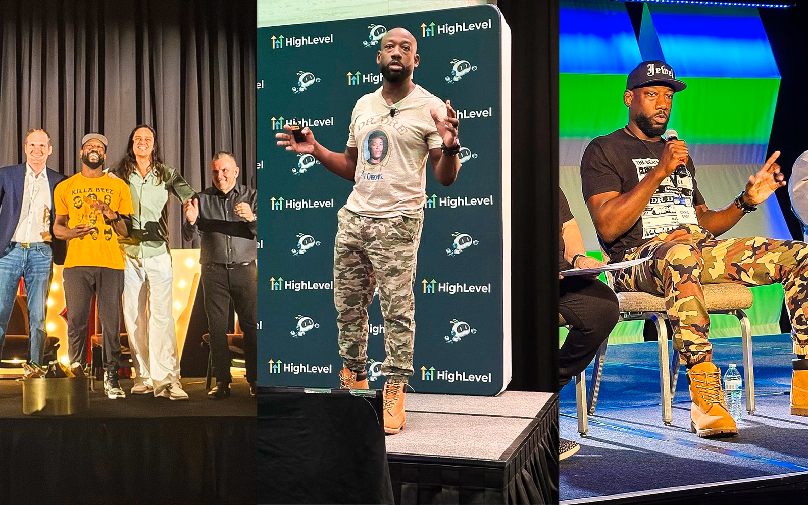 Three photographs of Chris at HighLevel events: on stage alongside three others, presenting alone in front of the sponsor wall, and answering into a microphone from a panel seat.